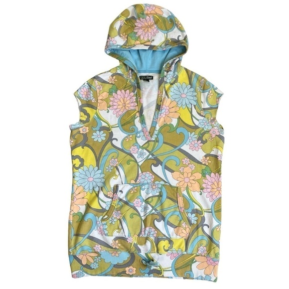Lucky Brand Y2K Sweatshirt Cap Sleeve Hooded Vest Groovy Flower Power 70s Print - Picture 8 of 16